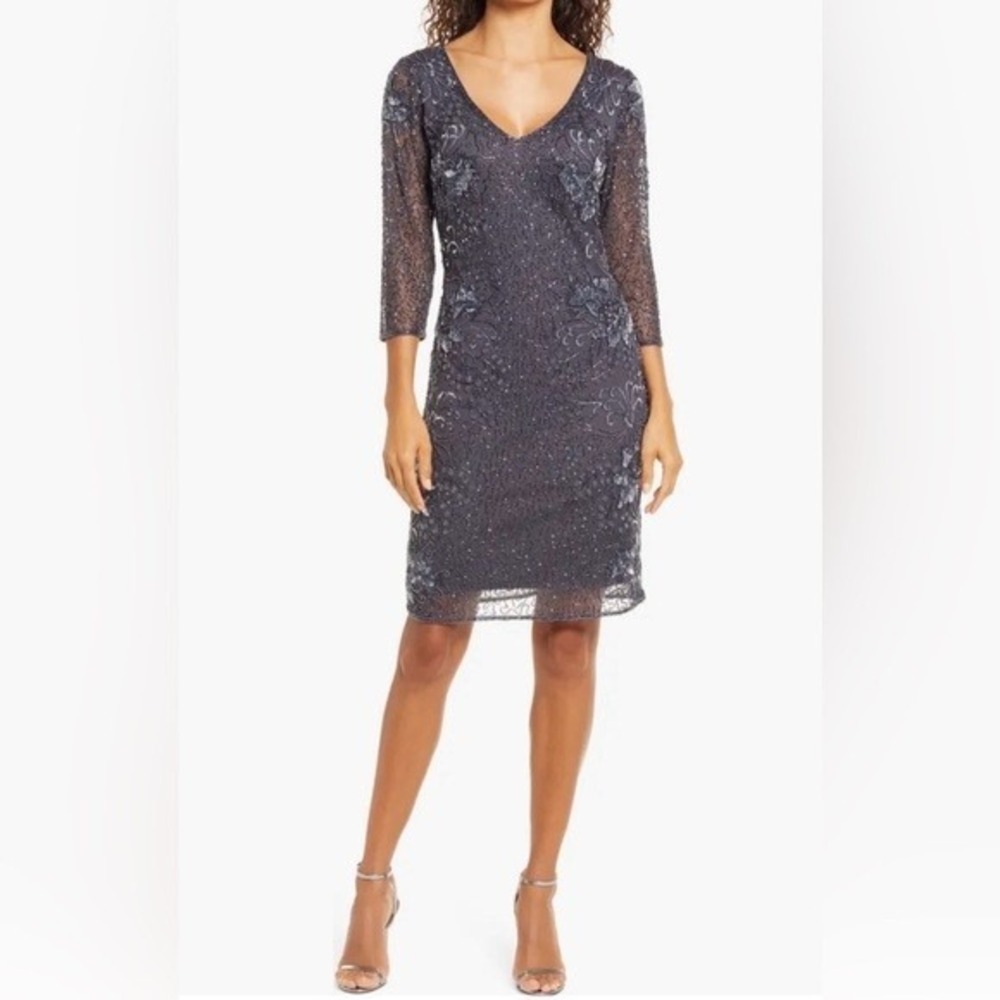 Pisarro Nights Dress Womens 14 Slate‎ Beaded V Neck Sequin Cocktail Floral Shift